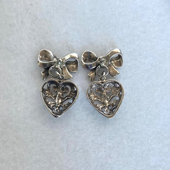 VTG Sterling Silver 925 1" Pierced Scrollwork Heart Dangle Bow Stud Earrings - Picture 11 of 16